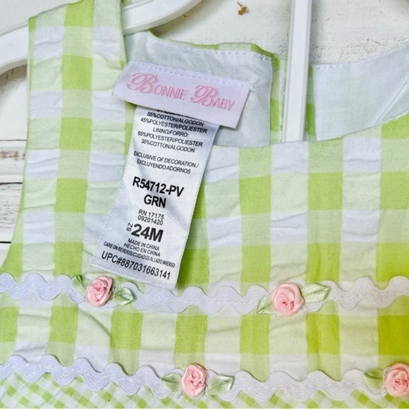 Bonnie Baby - Green and White Gingham / Seersucker with Pink Rose Details Outfit - Picture 8 of 9